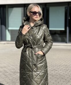 Chaki spalvos moteriškas dygnsniuotas paltas